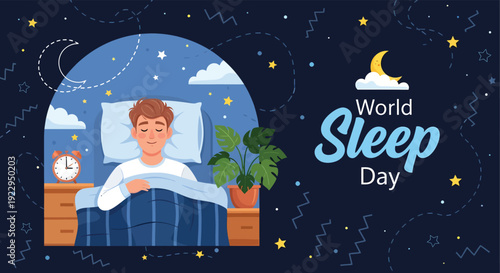 World sleep day illustration with a man in bed under a starry night sky