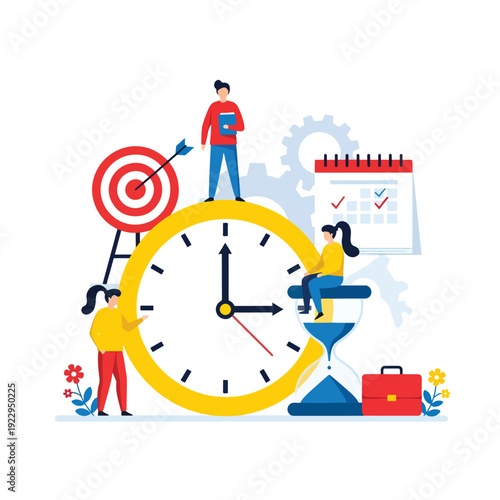 Business people managing time, planning tasks, and achieving goals with a clock and calendar graphic