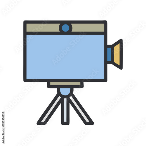 Retro video camera on a tripod flat design illustration against black background