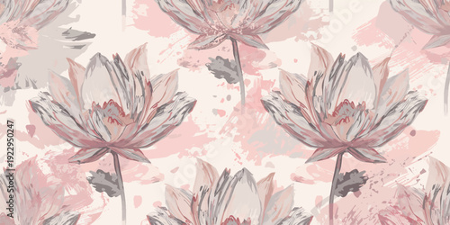 Vintage Floral Pattern Illustration. Floral Pattern with Hand Drawn Lotus Flowers, Soft Pink Background and Elegant Botanical Seamless Design