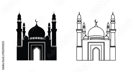Black and white line art depictions of islamic mosques with crescent moons