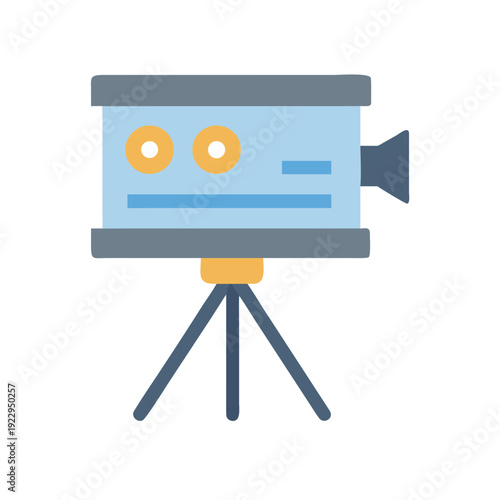 Flat vector illustration of a vintage movie camera on a tripod