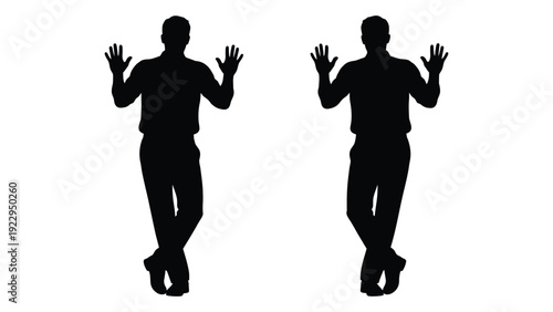 Silhouettes of two men with arms raised in a symmetrical pose against a white background