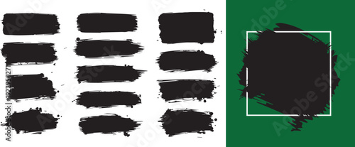 Vector collection featuring a grunge set of rubber stamps, black ink splashes, and white frames with decorative brush stroke elements for banner and label design