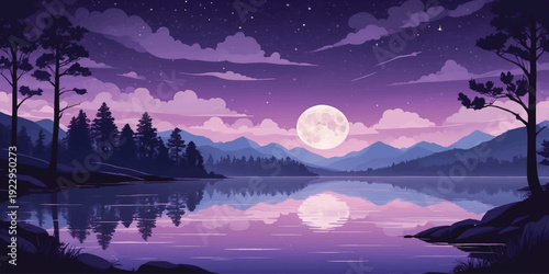 Serene Moonlit Lake Landscape Illustration. Lake Landscape with Full Moon, Purple Night Sky, Mountain Silhouettes, Pine Trees and Water Reflection Scenic Nature Background Design