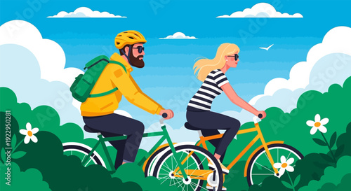 Couple Riding Bicycles Together in a Sunny Park.