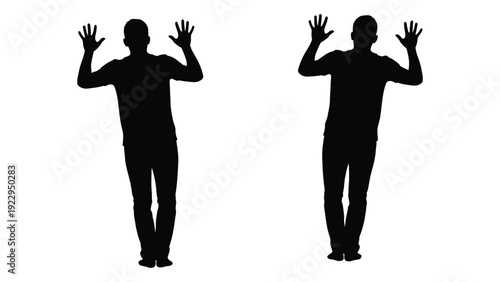 Silhouettes of two people with arms raised facing forward in a symmetrical arrangement