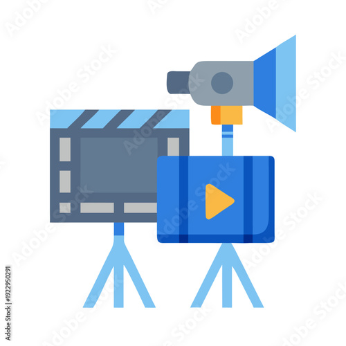 Film production equipment including clapperboard, camera, and lighting on a black background