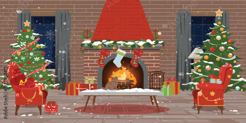 Elegant Christmas Living Room Illustration. Christmas Living with Fireplace, Decorated Christmas Trees, Santa Claus, Reindeer, Hanging Stockings, Wrapped Gifts and Snowy Window Holiday Interior Design