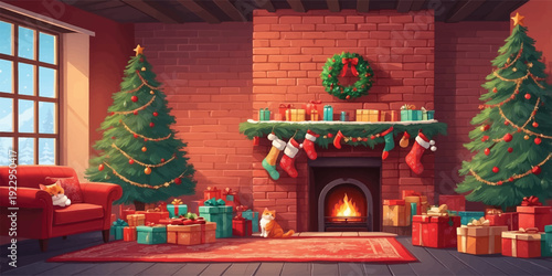 Warm Christmas Living Room Scene with Brick Fireplace, Glowing Fire, Decorated Christmas Trees, Holiday Wreath, Hanging Stockings, Wrapped Gift Boxes and Cozy Winter Home Interior Design