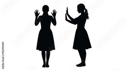 Two women depicted in silhouette performing hand movements or gestures
