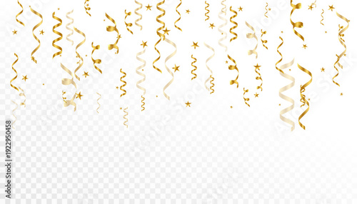 Golden Streamers and Stars Overlay Collection Featuring Hanging Curly Ribbons, Decorative Sparkles, and Festive Celebration Design for Party Invitations, Announcements, and Modern Graphics