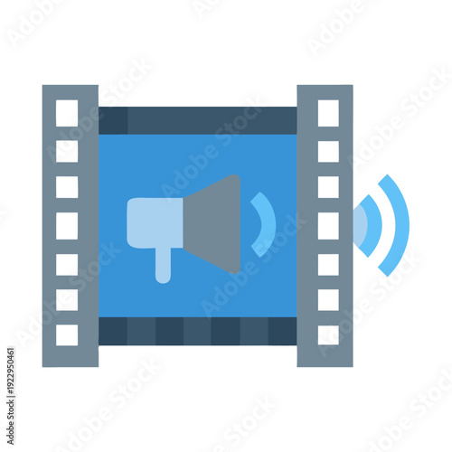 Flat vector illustration of filmstrip and megaphone for advertising video content