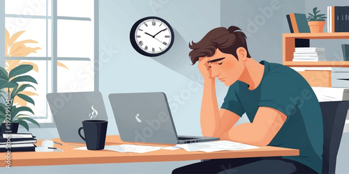 Tired Man Working on Laptop Illustration. Tired Man Working with Home Office Desk, Coffee Mug, Books, Wall Clock and Indoor Plant Modern Study Workspace Design