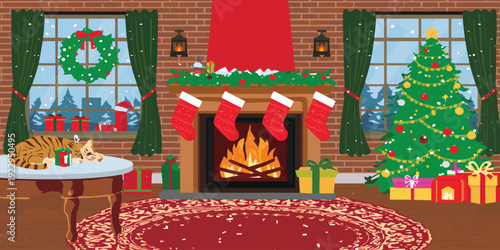Cozy Christmas Living Room Illustration with Fireplace, Decorated Christmas Tree, Hanging Stockings, Wrapped Gifts, Snowy Window View and Festive Holiday Home Interior Design