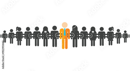 Line of black male and female stick figures holding hands, with a prominent orange leader figure in a suit in the center.