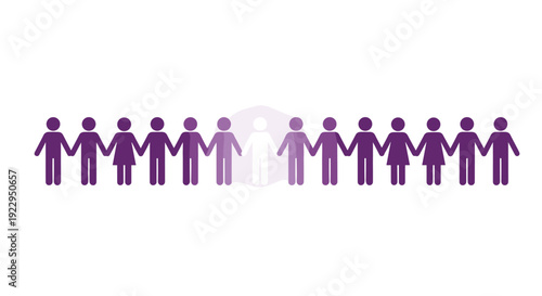 Line of purple male and female stick figures holding hands, with a glowing lighter figure in the center.