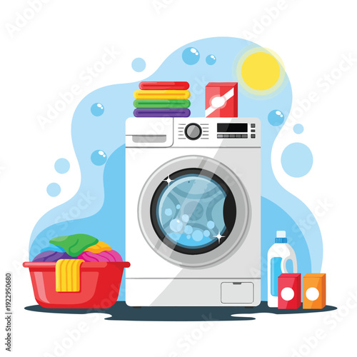 Home Laundry Day Activity with Washing Machine, Clean Clothes, and Detergent Supplies Illustration