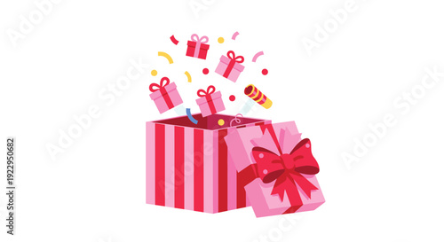 Open red and pink striped gift box with small presents, confetti, and a party popper exploding on a white background.