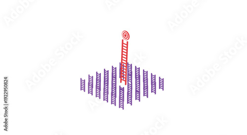 A grid of many purple ladders surrounds a central red ladder that reaches a bullseye target on a white surface.