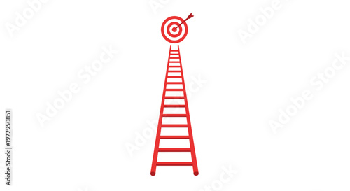 A single tall red ladder extends vertically to reach a precise red bullseye target positioned above it.