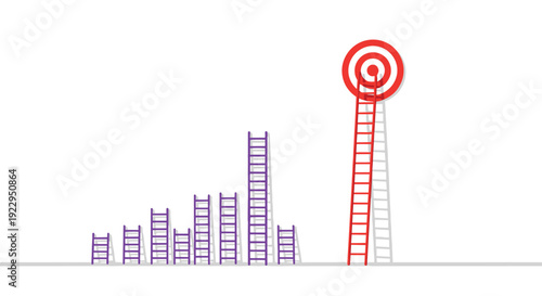 A series of purple ladders varying in height stands beside one very tall red ladder reaching a red bullseye target.