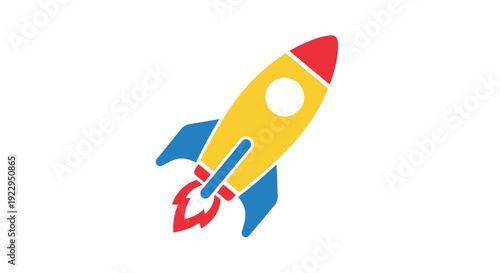Colorful cartoon rocket ship illustration with flames and a bright design