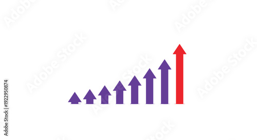 An ascending bar graph composed of purple arrows gradually increases in height, culminating in a single tall red arrow.