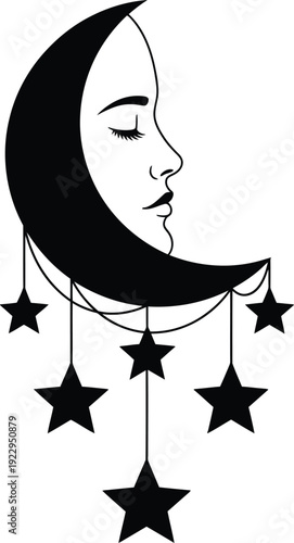 A serene face is formed within a crescent moon surrounded by hanging stars.