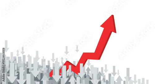 A prominent red arrow dramatically points upward, rising above a vast field of numerous small grey arrows pointing downwards.