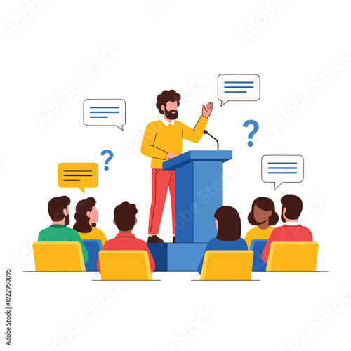 Engaging public speaking event with presenter addressing a diverse audience and answering questions.