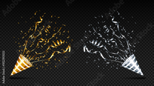 Golden and Silver Party Popper Overlay Collection Featuring Metallic Streamers, Confetti Bursts, and Transparent Background for Festive Celebration, Party Invitations, and Modern Decorative Graphics