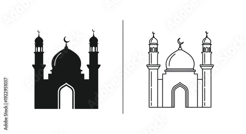 Islamic mosque building illustration in black and white two variations shown