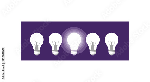 A single, brightly glowing white light bulb illuminates prominently among four unlit light bulbs on a dark purple background.