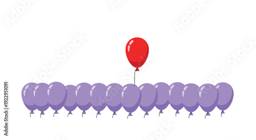 A distinct red balloon floats noticeably higher than a perfectly aligned, horizontal row of many identical purple balloons.
