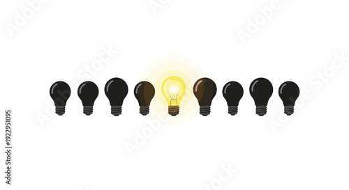A single, brightly glowing yellow light bulb shines vividly amidst a row of unlit, dark light bulbs on a white background.