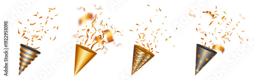 Golden Party Popper Overlay Collection Featuring Multiple Decorative Designs with Bursting Streamers, Confetti, and Festive Celebration Graphics for Party Invitations, Announcements, and Modern Decora