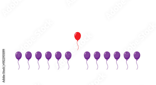 A prominent red balloon hovers centrally between two distinct, separated groups of uniformly purple, floating balloons.