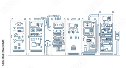 A technical blueprint illustrates a long row of six industrial control cabinets, each filled with various gauges, screens, and components.
