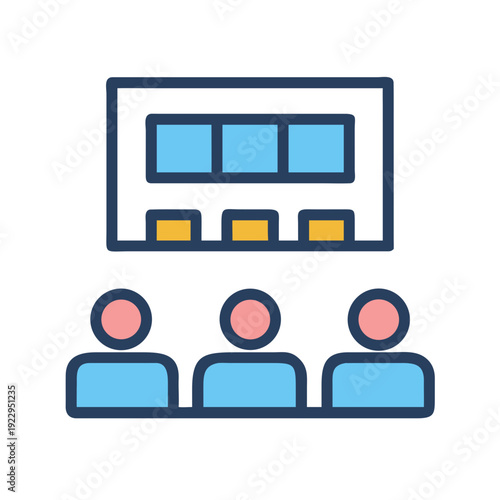 Conference room meeting with presentation screen and three audience members