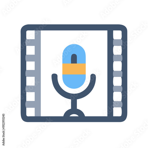 Podcast film reel icon emphasizing audio and film production, in flat design.