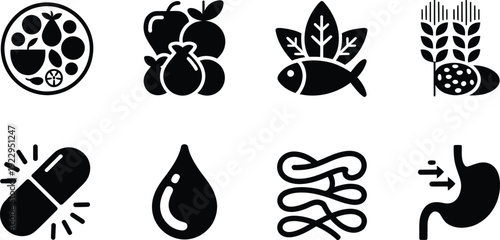 Healthy eating icons set for nutrition and wellness projects