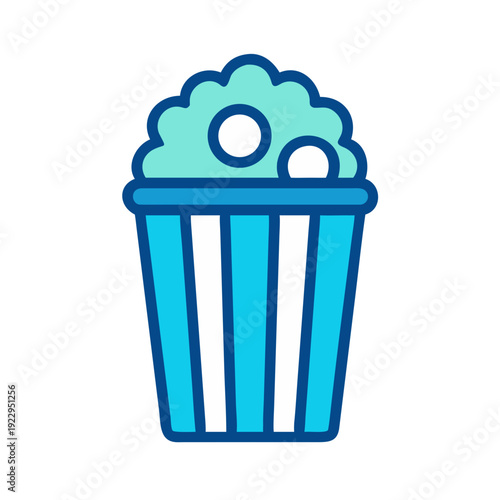 Minimalist cartoon popcorn bucket icon with a blue color scheme on black background