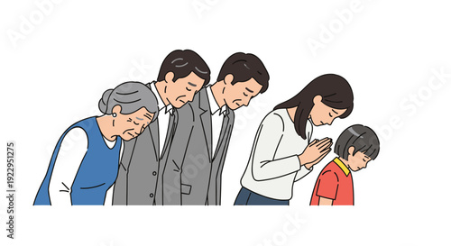 A multi-generational Asian family is showing respect by bowing and a young girl is praying with hands clasped.