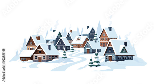 A charming snowy village composed of numerous houses with snow-covered roofs and scattered pine trees on a winding path.