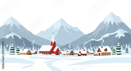 A snowy village scene featuring a prominent red church and numerous small houses nestled among snow-capped mountains and pine trees.