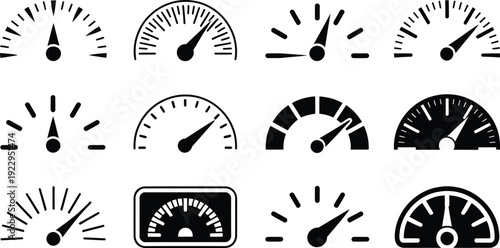 Collection of speedometer and gauge icons for business and technology concepts