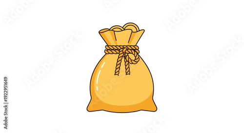 Golden money bag tightly tied with a rope, filled with gold coins, depicted in a cartoon style on a white background.
