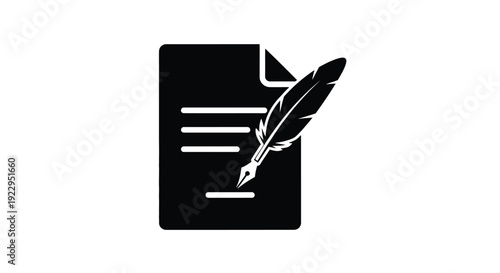 Black silhouette of a quill pen resting on a document page