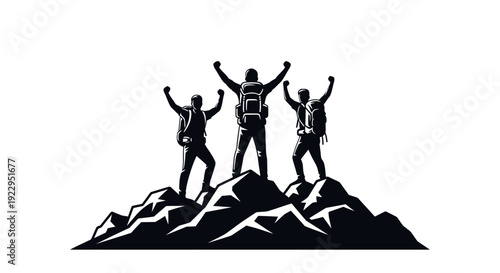 Three hikers celebrating on mountain peaks with arms raised in triumph.